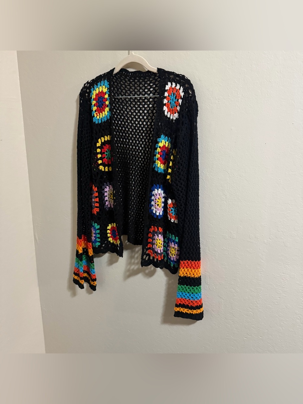 Open Crochet Black Cardigan Multicolor Knit Boho Festival Granny Square - Picture 5 of 7